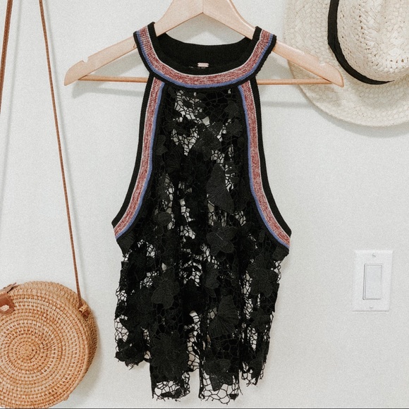 Free People Tops - Free People black floral lace muscle tank small